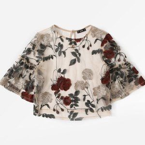 NWOT Floral Embroidered Mesh Floral Sheer Top
